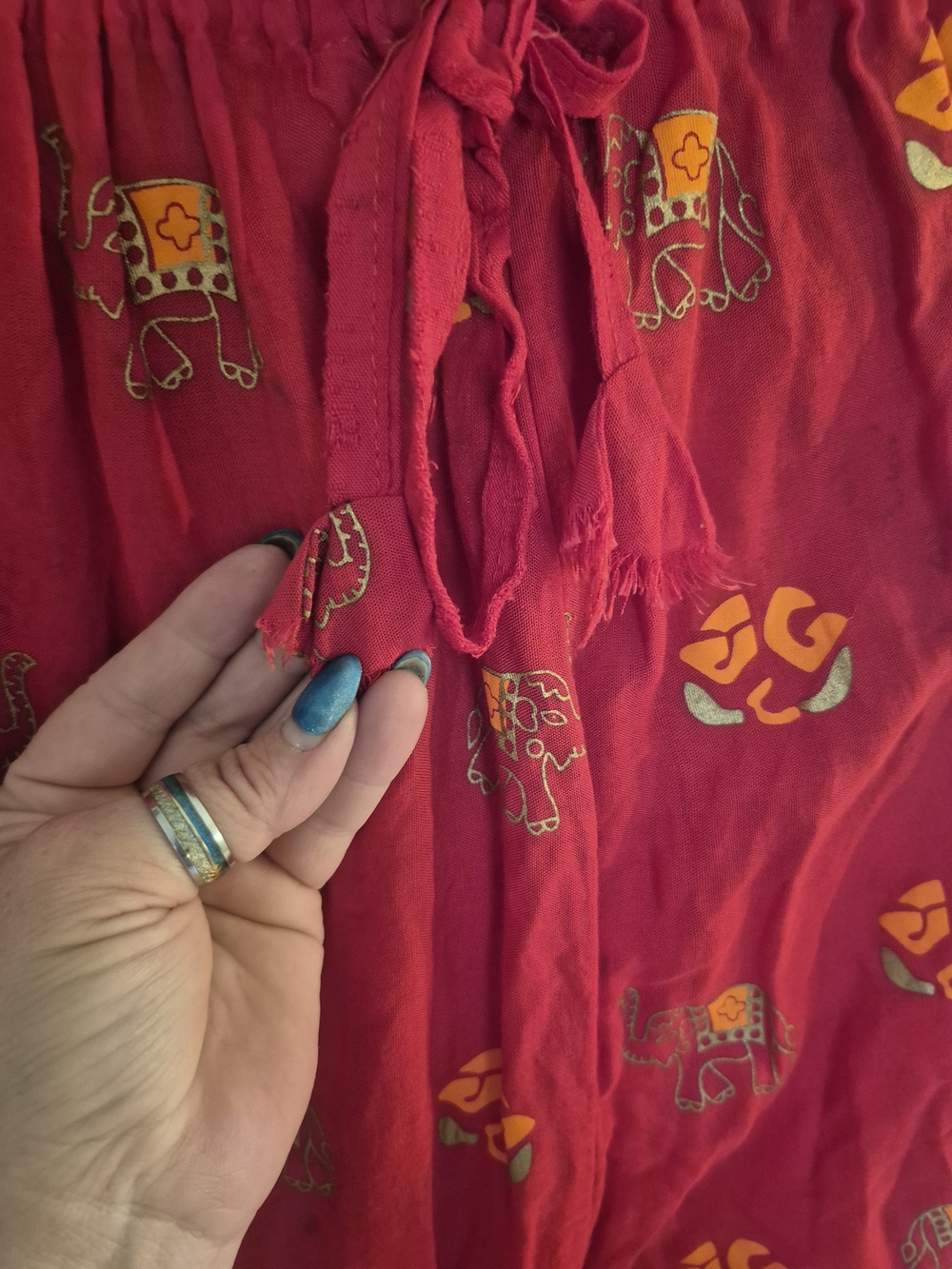 Boho Wide-Leg Cotton Pants in Red with Elephant Print Free Size M-L waist size? - Picture 5 of 7